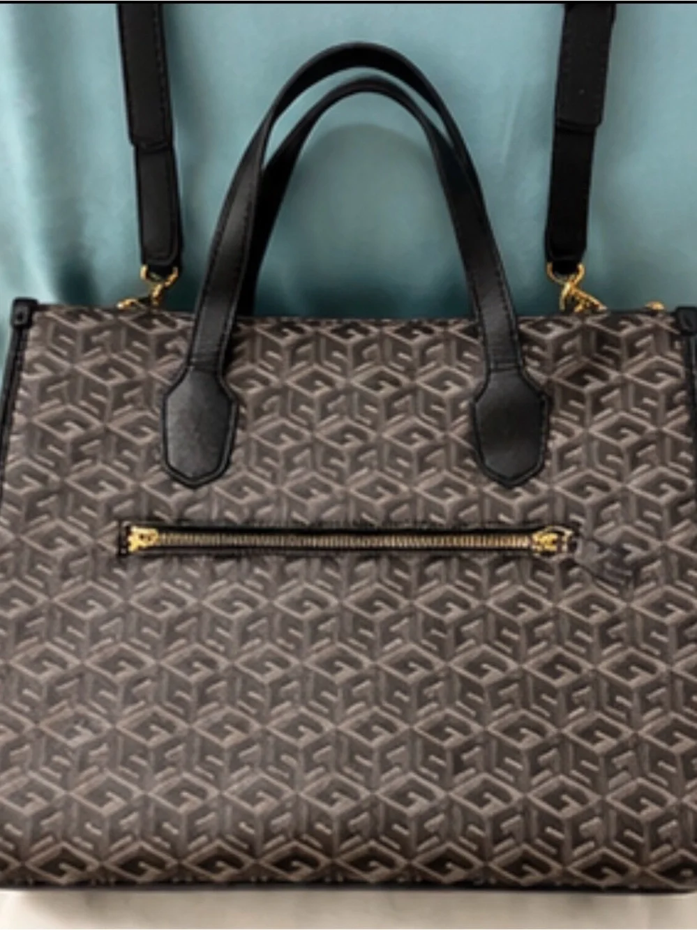 GUESS Monogram Logo Satchel Tote Crossbody Bag Brown Burgundy Stripe